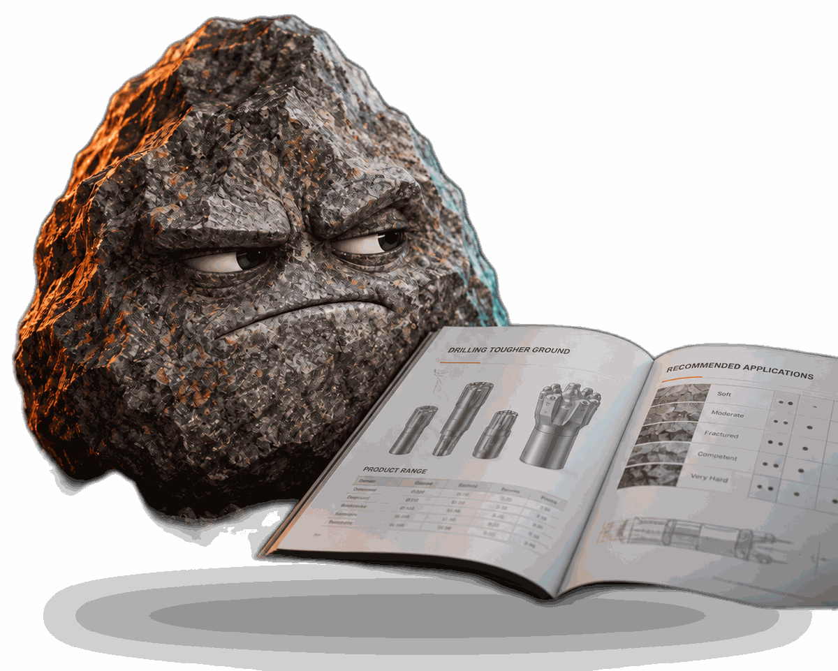 Ground Truth, a sceptical granite boulder, reading an open product catalogue.